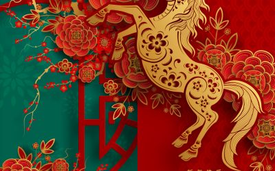 Happy chinese new year 2026 the horse zodiac sign with flower,lantern,asian elements red and gold color paper cut style on color background. ( Translation : happy new year 2026 year of the horse )